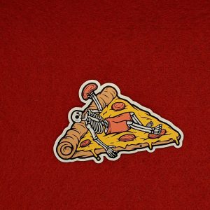 Skeleton floating on a pizza sticker | Vinyl artwork sticker | Different sizes available