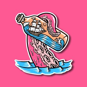 Octopus tentacle grabbing a ship in a bottle sticker | Octopus sticker, Sailing sticker, unique sticker