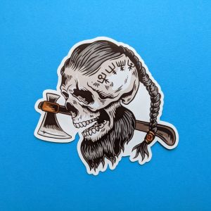 Viking Warrior Skull Sticker - Embrace Norse Valor with Hatchet and Ancient Runes