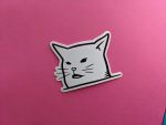 Smudge the Cat Meme Sticker | Confused cat at dinner | Funny sticker, Cat Sticker, Laptop Sticker