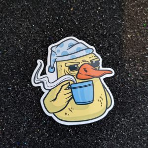 Tired Rubber Duck with a morning coffee sticker, duck stickers, Cute Duck Sticker, coffee stickers
