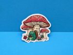 Knitting Frog w/Mushroom House | Vinyl Sticker, Frog Sticker, Mushroom Sticker, Cool Sticker