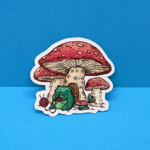 Knitting Frog w/Mushroom House | Vinyl Sticker, Frog Sticker, Mushroom Sticker, Cool Sticker
