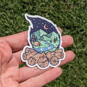 Starry Nightscape: Mountain View Campfire Sticker, Unique, Cozy Vinyl Decal for Laptops, Water Bottles, Phone Cases