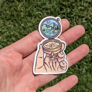 Discover the Wilderness: Compass Camping Scene Sticker, Nature Sticker, Wilderness Sticker, Nature lover gift