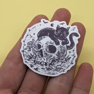 Skull Companion Sticker | Black Cat Sticker, Cute Sticker, Goth Sticker, Laptop Sticker, Skull Sticker