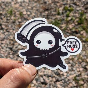 Cute Kawaii Grim Reaper Sticker - 'Free Hugs' - Quirky Decal for Laptops, Journals, Kindles